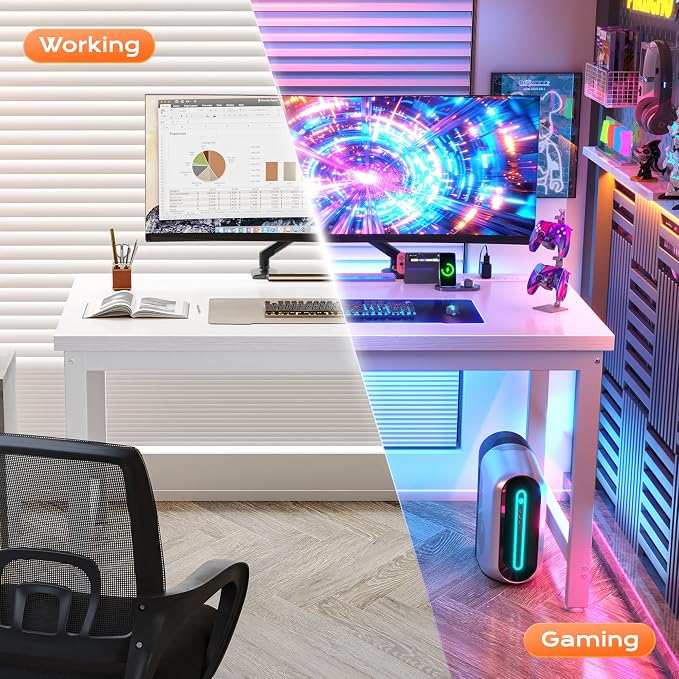 Huuger 48 x 24 inch Desk with Power Outlets & USB-C, Deeper & Thicker Desktop, Robust Metal Tubes, Computer Desk, Heavy Duty Office Desk, Work Gaming Desk for Home Office, White