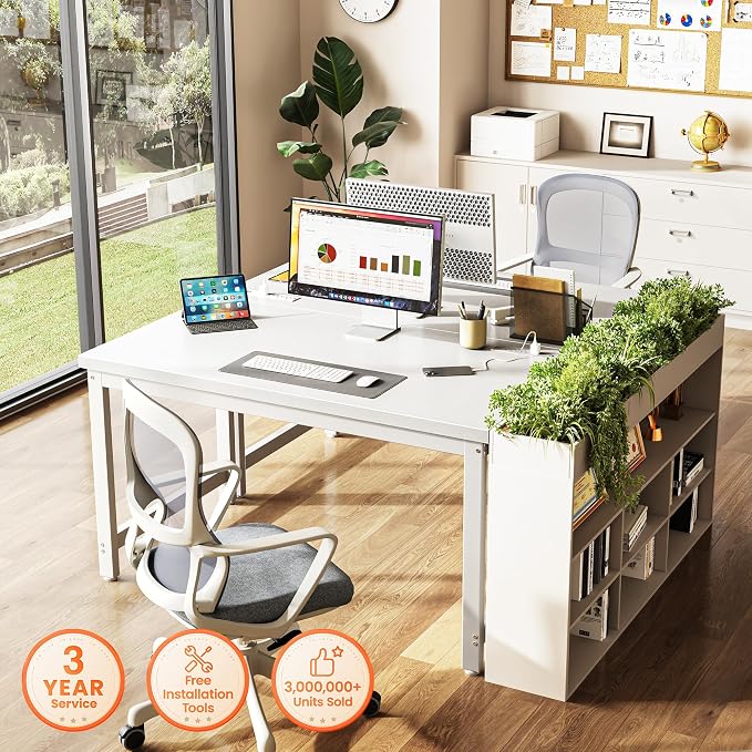 Huuger 48 x 24 inch Desk with Power Outlets & USB-C, Deeper & Thicker Desktop, Robust Metal Tubes, Computer Desk, Heavy Duty Office Desk, Work Gaming Desk for Home Office, White