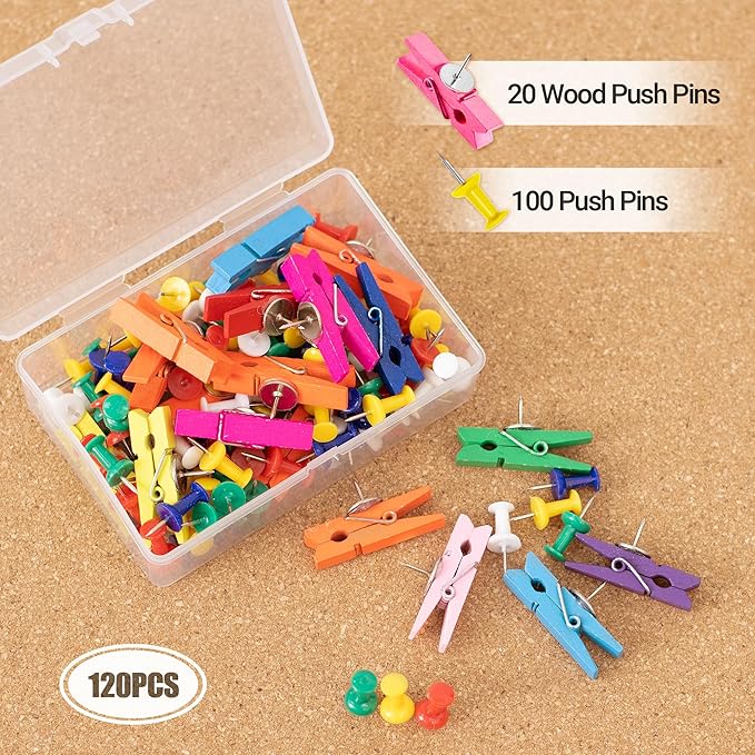 AKTOP Cork Board Bulletin Board 17"x8", 1/2" Thick Cork Board Tiles 10 Pack, Small Pin Board for Wall Decor, Self Adhesive Corkboards with 120 Push Pin Wood Clips for School, Home & Office