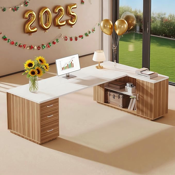 Tribesigns 85.8" L-Shaped Executive Desk, Extra Large Office Desk with File Drawers, Modern Business Furniture, Computer Desk Workstation with Door Cabinet, Shelves for Home Office, White & Brown