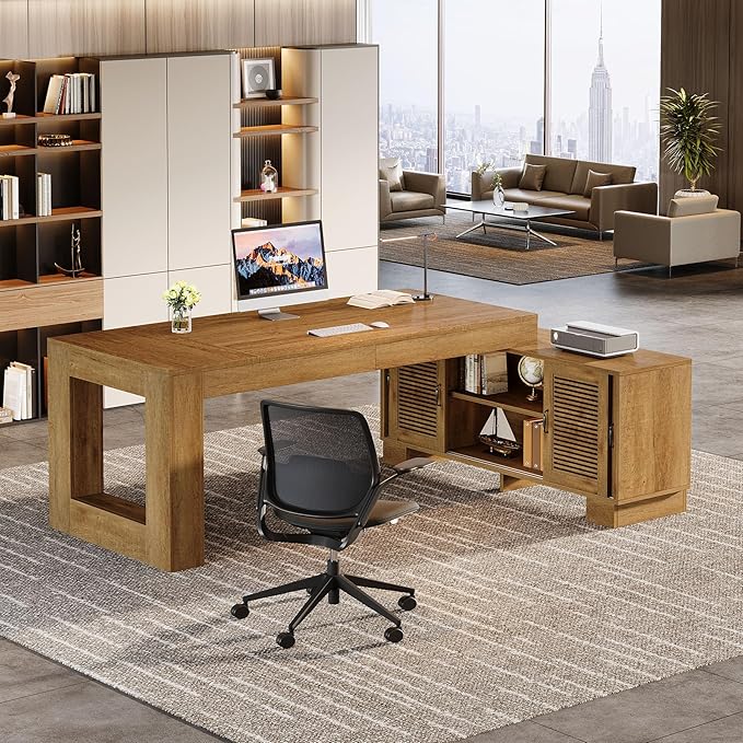 Tribesigns L Shaped Executive Desk with Storage Cabinets and 2-Tier Shelf, 78-Inch Simple Modern Business Furniture Large Computer Writing Table Workstation for Home Office, Dark Brown