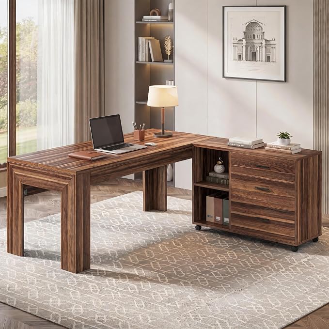 Tribesigns L Shaped Executive Desk with Drawers,Light Walnut | Large Office Desk with Rolling File Cabinet Combo,Home Office Computer Desk,Wooden Desk with Long Front Baffle