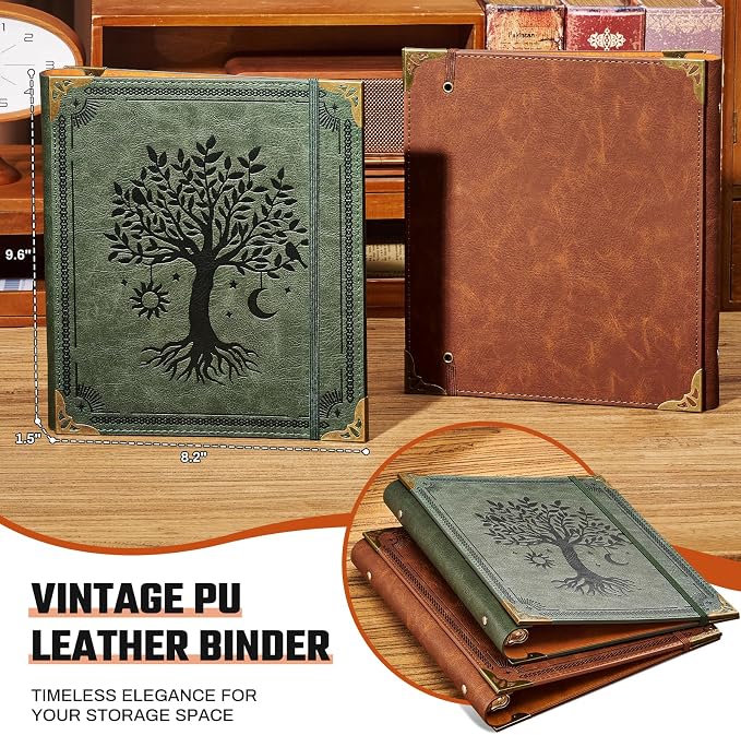 Ovesmusl PU Leather Mini 3 Ring Binder Fits 5.5" X 8.5" A5 Paper, 1 Inch Round Ring Binder Holds 200 Sheets, Notepad Paper Cover Loose Leaf Organizer, Green Tree of Life