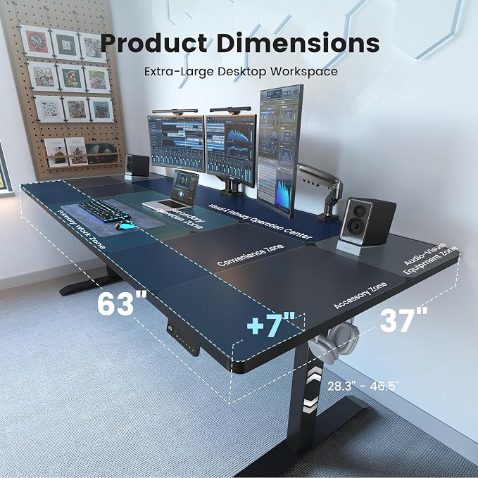 FEZIBO Standing Desk 63 × 37 Inch Electric Height Adjustable, Black | 1" Thick Large Adjustable Desk with Integrated Dual-Beam, Cable Management, Computer Desk for Home Office Workstation