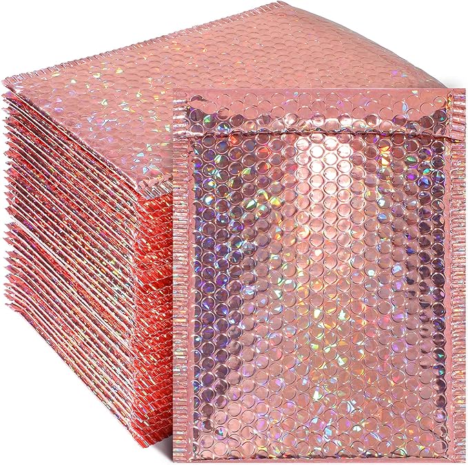 Outus 30 Pieces Holographic Bubble Padded Mailer Holographic Bubble Mailers Padded Envelopes Self Sealing Cushion Envelopes for Mailing, Shipping and Packing(Rose Gold, 9.5 x 6 Inch)
