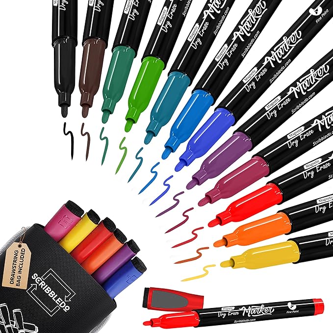Scribbledo Magnetic Dry Erase Markers Fine Tip, Assorted Colors, Low-Odor Whiteboard Markers with Eraser Cap for Office, Workplace, Medical & Professional Use (12 Pack)