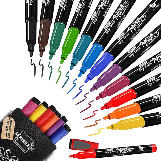 Scribbledo Magnetic Dry Erase Markers Fine Tip, Assorted Colors, Low-Odor Whiteboard Markers with Eraser Cap for Office, Workplace, Medical & Professional Use (12 Pack)