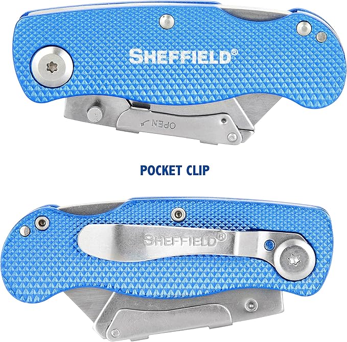 Sheffield 12514 Folding Utility Knife 3 Pack,Stocking Stuffers, Gifts for Men, Dad Gifts, Quick Change Utility Knife Blades, Compact Aluminum Handle, Box Cutter, Razor Blades Included