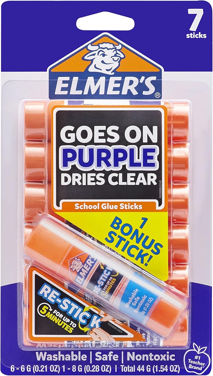 Elmer’s Disappearing Purple Glue Sticks with Bonus Re-Stick Glue Stick, 6 + 1 Pack