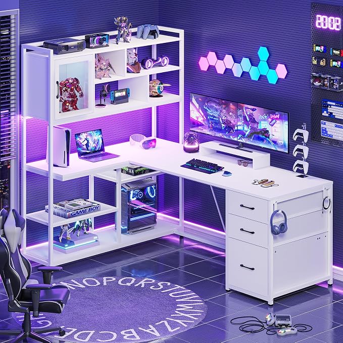SEDETA 58'' L Shaped Computer Office Desk with 3 Drawers and Bookshelf | L Shaped Corner Desk with Storage Shelves and LED Light for Home Office, Gaming, Small Space, White
