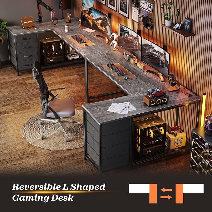 61" L Shaped Desk with Power Outlets & 4 Drawers | Reversible Computer Desk with 2 Storage Shelves, Large Corner Office Desk for Gaming Writing Work Study, Grey