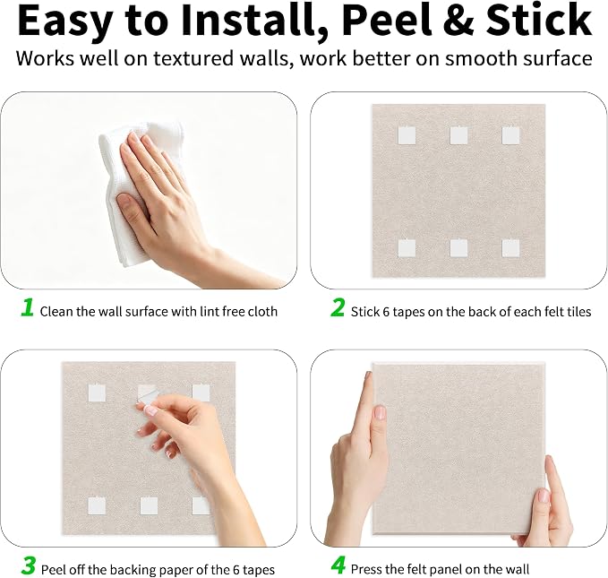 1/2'' Thick Cork-Bulletin Board Felt Wall Tiles Squares 12 x 12 in | 1700g/m² High Density Felt Pin Boards for Walls, Adhesive, Frameless, Modular, Renter Friendly, Removable, Light Color, 8Pcs
