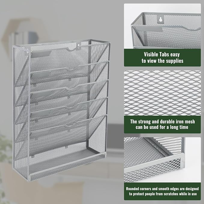 6 Tier Mesh Hanging Wall File Organizer, Desk Vertical Mail Paper Document Folder Holder Rack with Bottom Tray and Nametag Label for Office Home School, Gray