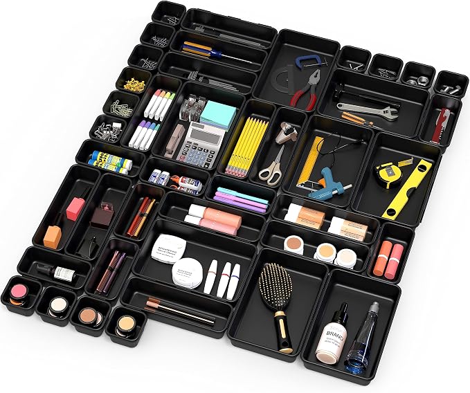 Simple Houseware Interlocking Desk Drawer Bins Organizer, 42 Packs, Black | Great for Makeup Vanity, Bathroom, Office Drawers