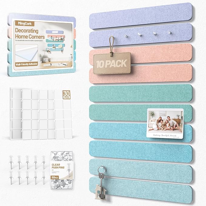 10 Pack 13"x2" Cork Board Strip with Removable Adhesive Squares & Push Pins | Pin Board Alternative Felt Strip Bulletin Board, Felt Board for Photo & Note Display, Home Office Decor - Pastel Breeze