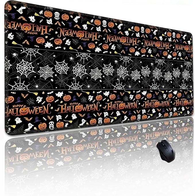 Halloween Mouse Pad, Skeleton Ghost Pumpkin Head Pattern Desk mat | Large Gaming Desk Mat, Sewn Edges, Micro-Woven Fabric, 31.5x11.8in