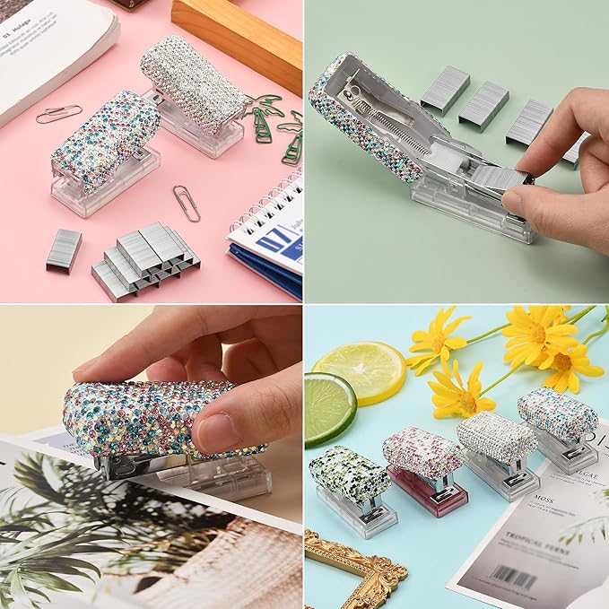 Bling Rhinestone Stapler, Sparkly Diamond Staplers, Cute Desk Stapler for Women & Girls, Bling Crystal Machine Pretty Office Stationery Kit (Blue with AB Color Plated, Small)