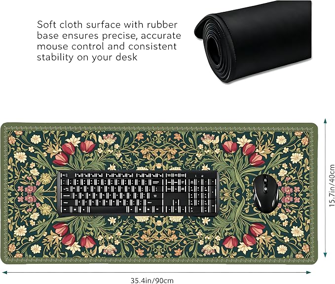 Cute Floral Aesthetic Dahlia Gaming Mouse Pad, Dark Green Rug Desk Mat with Anti-Slip Base & Stitched Edges, Office & Home Desk Decor for Women, 35.4" x 15.7" in Computer Desktop Mat