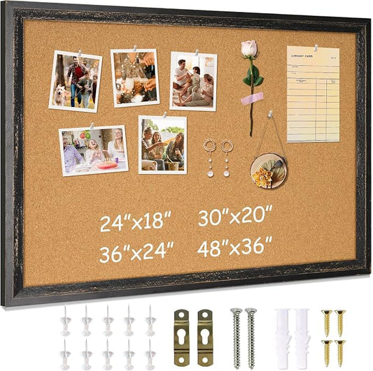 DOLLAR BOSS Cork Board, 24" X 18" Rustic Framed Bulletin Board, Black | Decorative Pin Board, Wall Hanging Notice Board, For Office & Home Decor Memo Display, With Pins