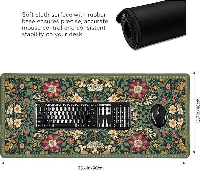 Cute Floral Aesthetic Dahlia Gaming Mouse Pad, Dark Green Rug Desk Mat with Anti-Slip Base & Stitched Edges,35.4" x 15.7" in Desk Accessories for Women, Home Office Decor & Artistic Gift
