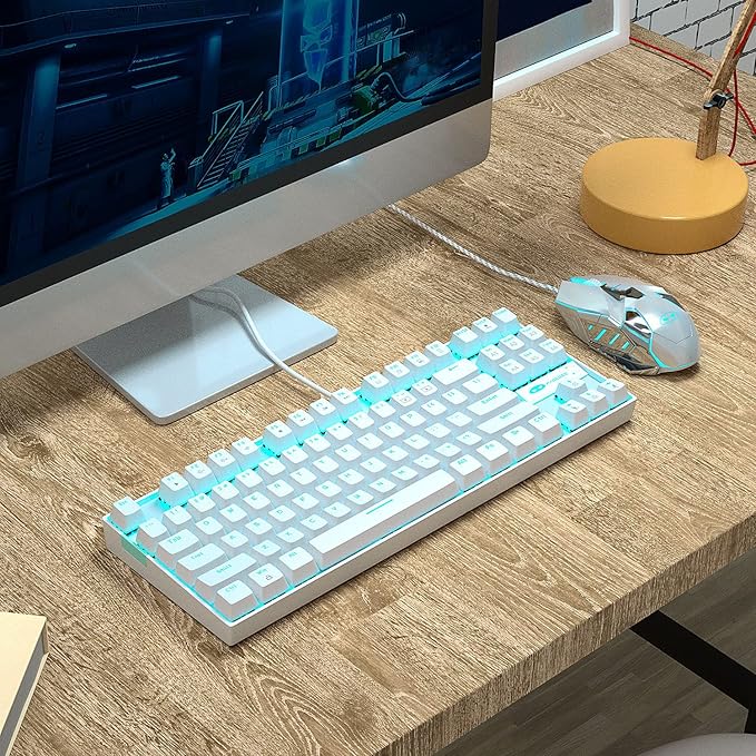 MageGee Mechanical Gaming Keyboard with Blue Switch, Compact 87 Keys Wired Computer Keyboard for Windows Laptop PC Gamer, LED Ice Blue Backlit, White