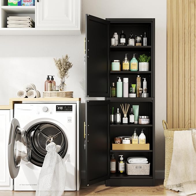 Tall Metal Narrow Bathroom Storage Locker Cabinet 67" H,Black Kitchen Pantry Cabinets with 4 Adjustable Shelves and 2 Lockable Doors,File Cabinet Organizer for Kitchen Home Office Living Dining Room