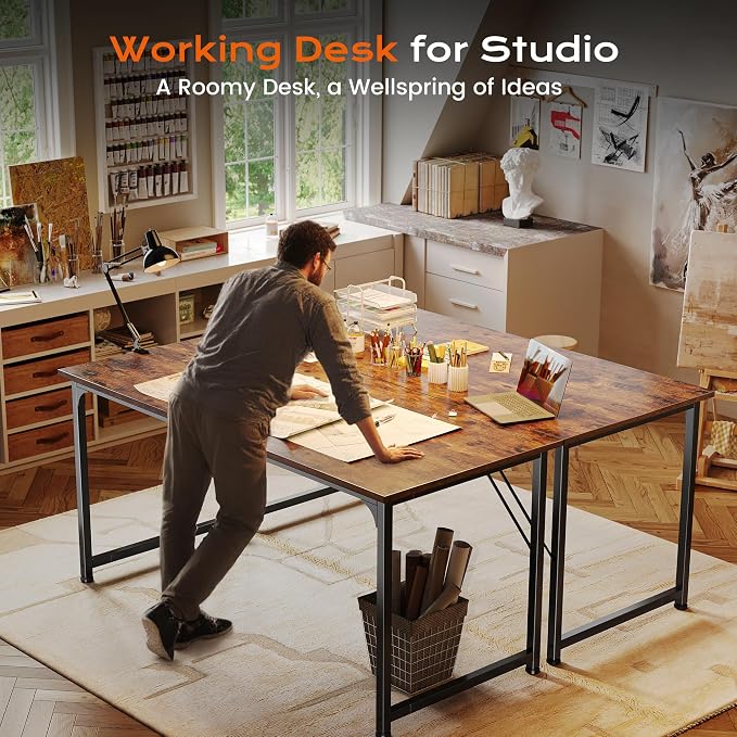 55 X 24 Inch Computer Desk with Deeper Desktop, Gaming Office Writing Work Desk for Home Office, Study, Bedroom, Work from Home, Metal Frame, Rustic Brown