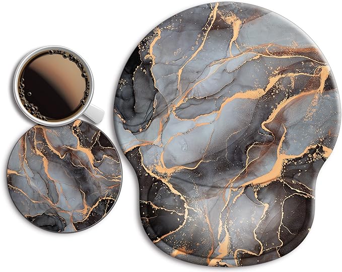 Ergonomic Mouse Pad with Wrist Support Rest,Large Mousepad Gel Wrist Rest, with Coaster Non-Slip & Pain Relief for Computer, Desk, Home&Office-Black Golden Marble