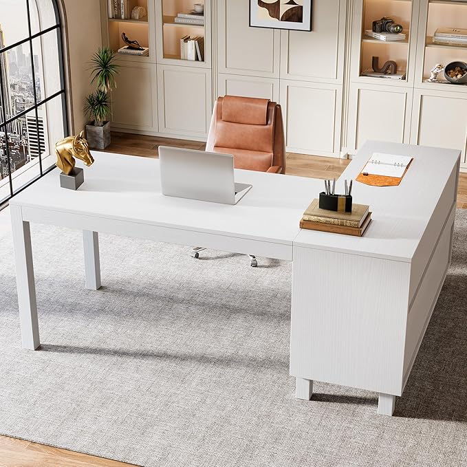 Tribesigns L-Shaped Desk with File Cabinet, 59-Inch Executive Office Desk with Storage Shelves, Wooden Study Writing Desk Farmhouse Corner Computer Desk for Home Office, White