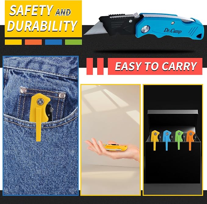 4 Pack Folding Utility Knife Heavy Duty Box Cutter Quick Change Blade Safety Lock Pocket Clip Ergonomic Grip for Home Office Warehouse Navaja Plegable de Trabajo Cuchillo Cortador de Caja
