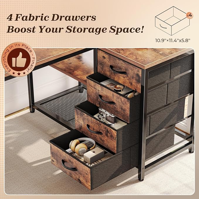 43.3" Small L Shaped Desk with Power Outlets & 4 Drawers | Reversible Computer Desk with 2 Storage Shelves, Corner Office Desk for Gaming Writing Work Study, Rustic Brown