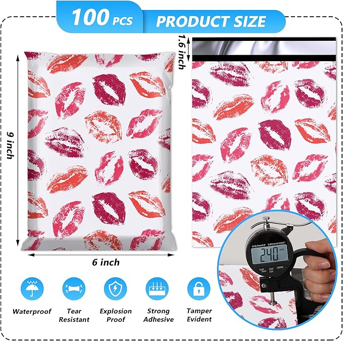 Poly Mailer 6x9 Inch 100 Pcs, Waterproof and Tear-Resistant Shipping Bags for Clothing, Strong Mailing Bags with Self-Seal, Cute Packaging Bags for Small Business - Lipstick