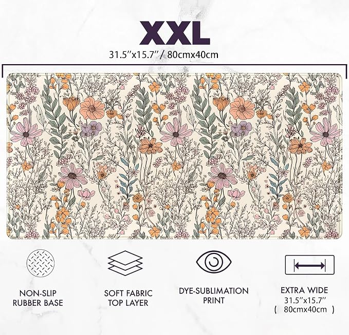 Wild Flowers Gaming Mouse Pad, Floral Cute Keyboard Mouse Mat, Full Desk Protector, Aesthetic Desk Decor 31.5"x15.75"