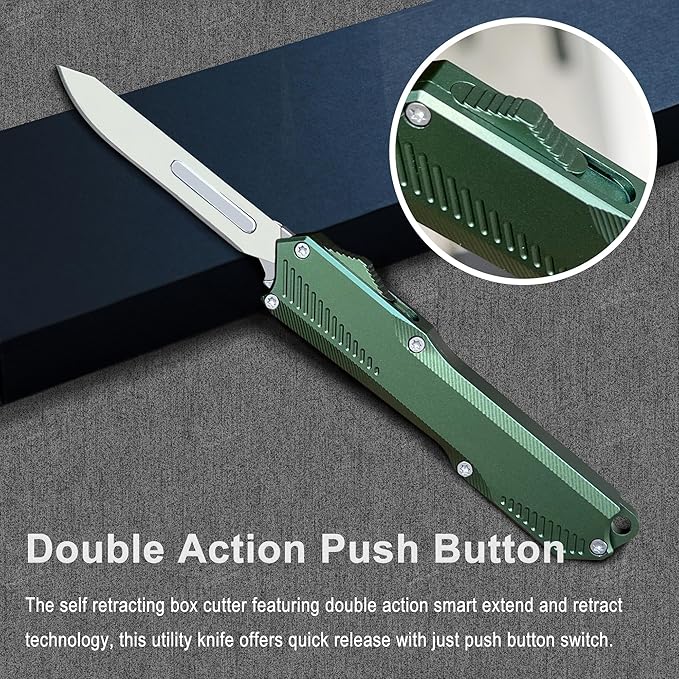 Self Retracting Utility Knife, Out The Front Knife Automatic, EDC Folding Scalpel Pocket Knife, 5PCS #60 Double Action Auto Retractable Cutting Blade, Retractable Razor Blades Boxcutter