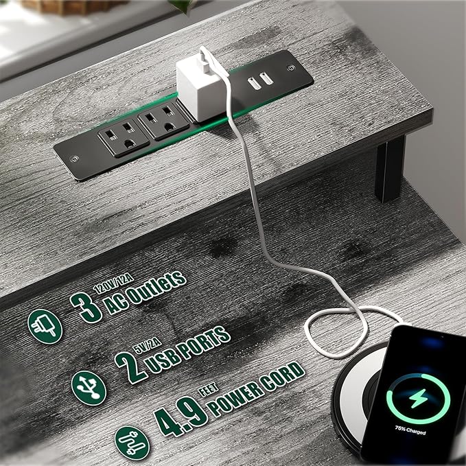 55 Inch Gaming Desk with Power Outlets and LED Lights, Reversible Computer Desk with 5 Fabric Storage Drawers, Home Office Desk with Monitor Stand for Working Writing Study, Grey