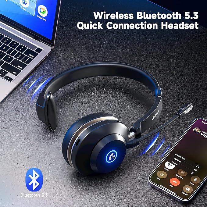 Wireless Headset with Microphone for Work, Bluetooth 5.3 Computer Headset for Laptop, 45 Hours Battery Life & Mute Button, Headset with Mic for PC, iPhone, Zoom, Skype, Office & Home