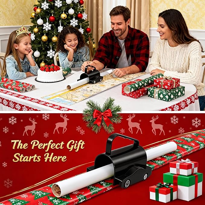 Wrapping Paper Cutter, Paper Cutter Slider Fit for Any Diameter Paper Roll, 3 Replaceable Blade for Smooth Straight Cuts, Gift Wrap Cutter with Handle, Easy Paper Cutting Tool for Holidays Birthday