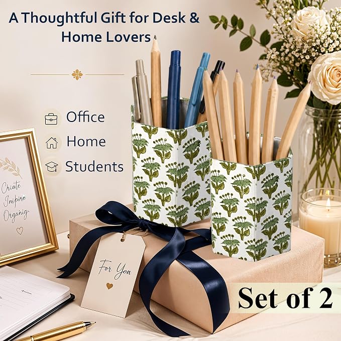 CPC Emerald Green Block Print Cotton Pen Holder Set of 2 | Boho Makeup Brush Holder Floral Pencil Cup Girls Kids Durable Stand Desk Organizer Storage Floral Office Supplies, Classroom