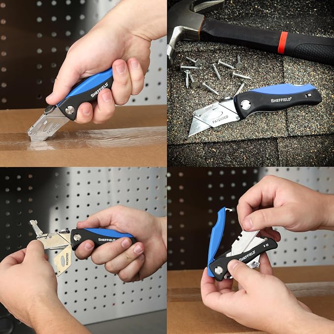 Sheffield 12119 Utility Knife & 5 Utility Knife Blade Storage Compartment | Utility Knife Accepts Standard Utility Blades For Home, Office, Trades, and Warehouse
