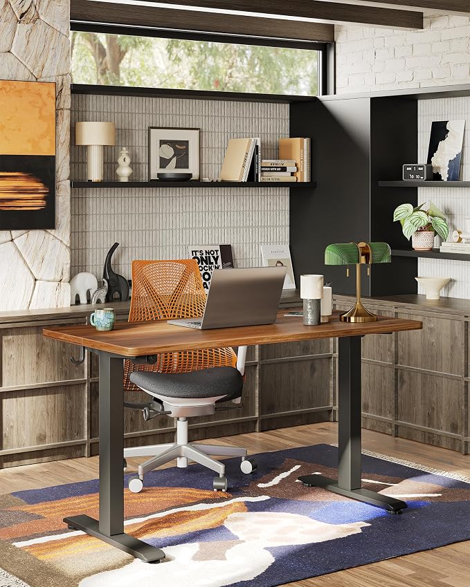 TIQLAB Electric Standing Desk, Adjustable Height Stand up Desk, 55 * 24 Inches Sit Stand Home Office Table with Splice Board, Black Walnut