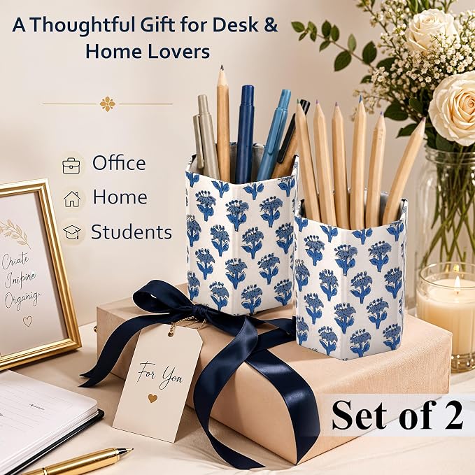 CPC Apatite Blue Block Print Cotton Pen Holder Set of 2 | Boho Makeup Brush Holder Floral Pencil Cup Girls Kids Durable Stand Desk Organizer Storage Floral Office Supplies, Classroom