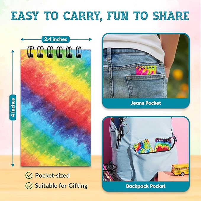 Decorably 24 Pack Spiral Tie Dye Party Favors for Kids 8-12 - 12 Colorful Designs 2.4x4in Small Notebook, Spring-Bound with 20 Sheets - Gifts for Birthday, Baby Shower, Children's Party, School