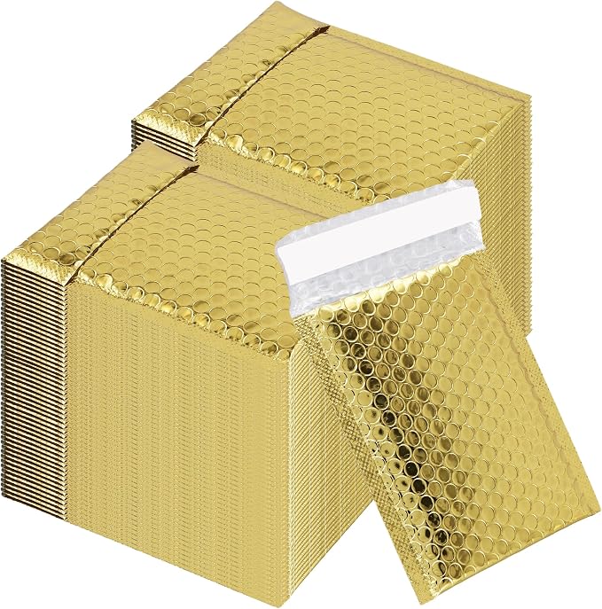 100 PCS 5 x 6 Inch Metallic Bubble Mailers, Gold Padded Mailing Envelopes | GINLANK Practical Self Seal Aluminum Film Shipping Envelopes for Packing, Mailing