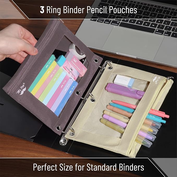 Mr. Pen- Pencil Pouch for 3 Ring Binder, 2 Pack, 10"x6.75", Smooth Zipper | Clear Window, Large Capacity Pencil Case with 3 Reinforced Grommets for School, Office, Supplies Storage | Clear Window, Large Capacity Pencil Case with 3 Reinforced Grommets f...