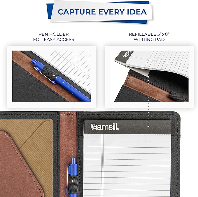 Samsill Contrast Stitch Faux-Leather Portfolio, Mini Size Business Interview Professional Padfolio, Includes 5 x 8 Inch Writing Pad, Brown