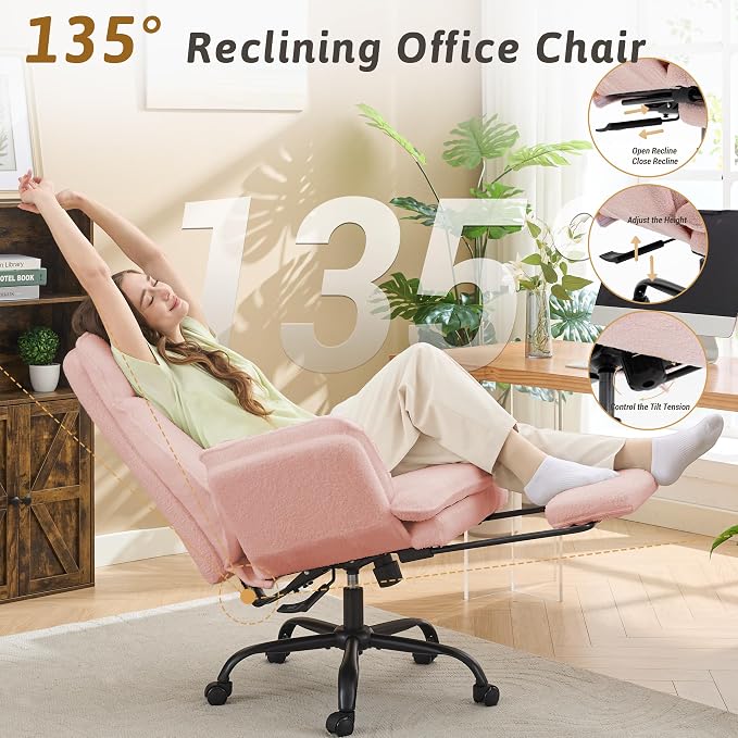 Wider Seat Office Chair with Flip Armrests for Criss Cross Legged&Cats, Big and Tall Executive Ergonomic Reclining Chair with Footrest&Lumbar Pillow, Teddy Fleece Desk Chair,Pink Vanity Chair