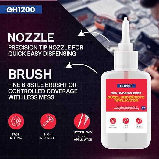 2 PCs (2-in-1) Super Glue with Brush Applicator & Nozzle, Mess Free Superglue Brush, Instant Never Dries, 3000 CPS Ca Glue, No Stain Clear Glue, Super Glue for Plastic, Rubber & More