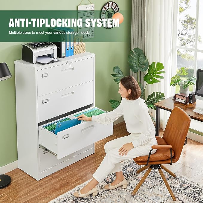 4 Drawer File Cabinet with Lock, Metal Lateral Filing Cabinet Wide Office Organization Storage for Home Office Hanging Letter/Legal/F4/A4 (White-Requires Installation)