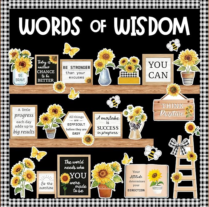Summer Sunflower Bulletin Board Set Motivational Flower Classroom Decorations Words of Wisdom Bulletin Board Sunflower and Vases Bookshelf Paper Cutouts for Back to School Classroom Library Wall Decor
