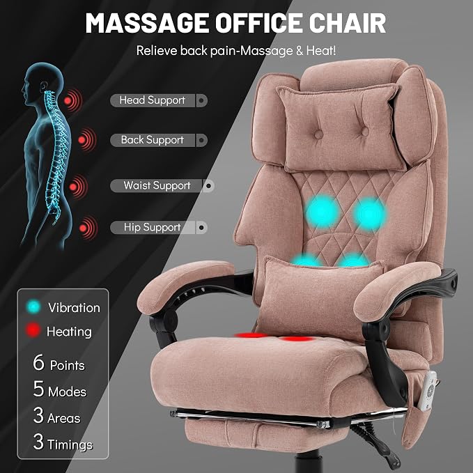 Massage Office Chair with Foot Rest,6 Points Vibration & Heat Executive Office Chairs for Heavy People,500LBS Big and Tall Office Chair,Ergonomic Reclining Desk Chair, PinkCloth